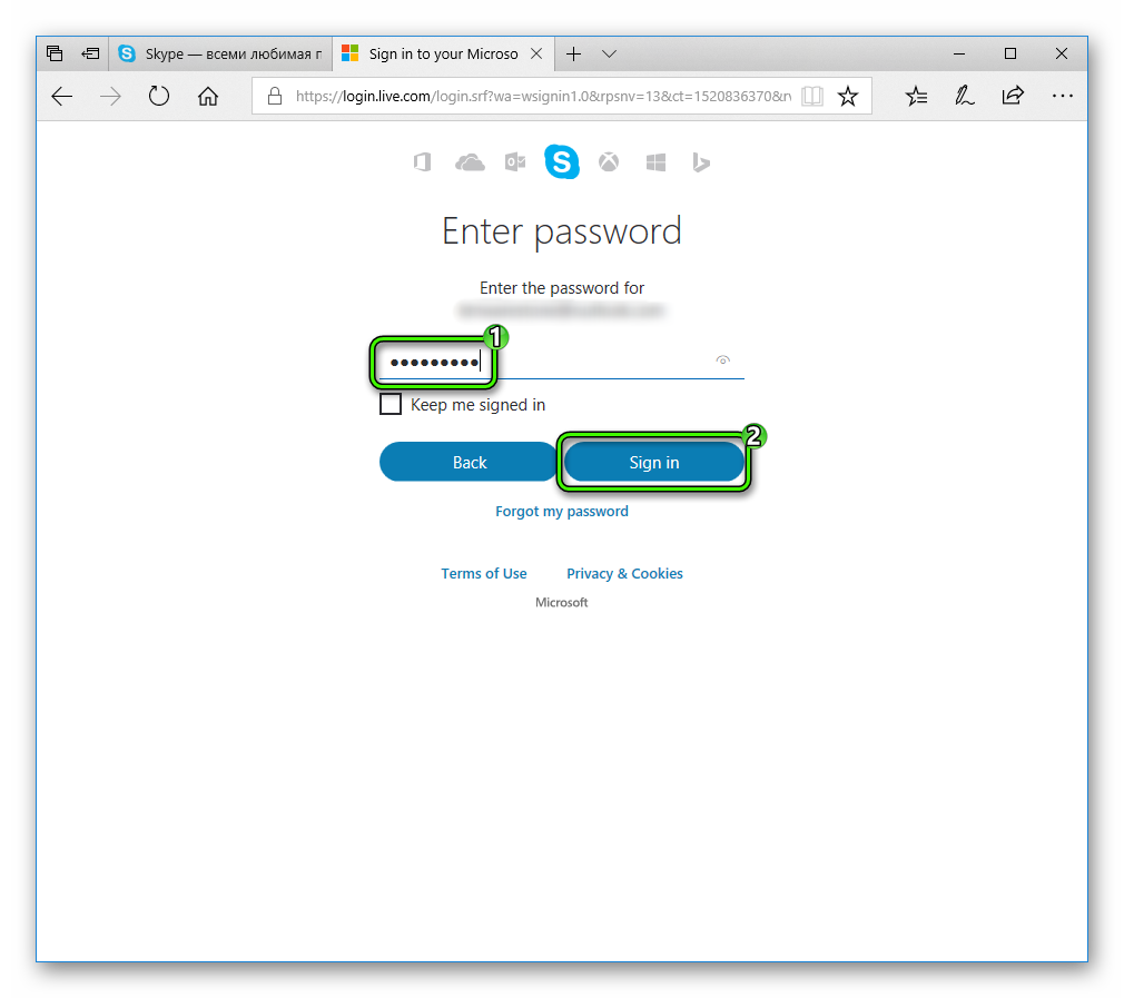 Ввод пароля для Skype Web